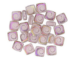 Czech Glass Laser Etched Ammonite on Light Pink Opaline w/ Rainbow Finish 2-Hole Tile 6mm