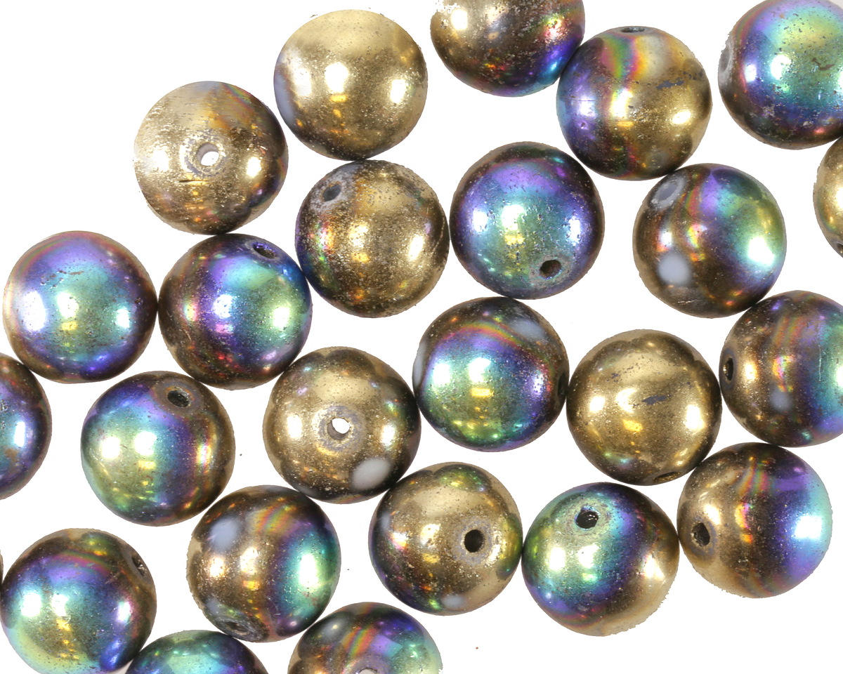 Czech Glass White AB w/ Gold Round Druk 8mm