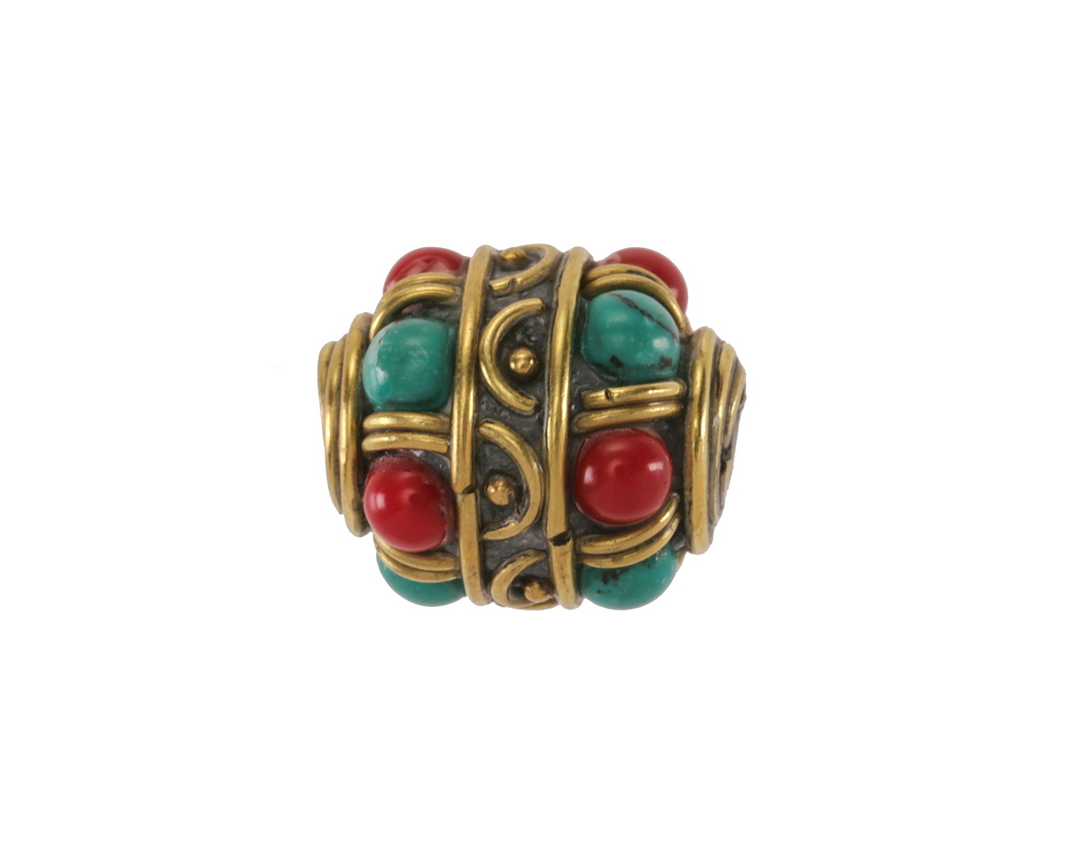 Nepalese Coral & Turquoise Dots w/ Half Circle & Dot Band Barrel 17-18x15mm