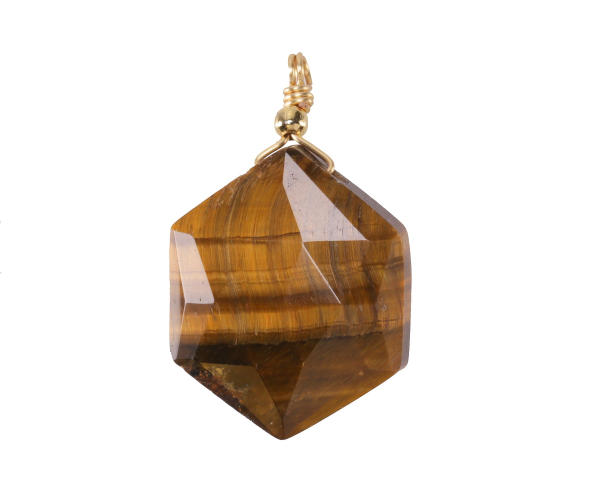 Tiger Eye w/ Gold Finish Faceted Hexagon Wire Wrapped Pendant 20x25mm