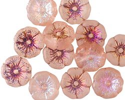 Czech Glass Textured Matte Rosaline AB w/ Metallic Rainbow Finish Hibiscus Coin 12mm