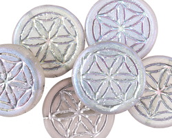 Czech Glass Matte Smoke AB w/ Silver Flower of Life Geometry Coin 19mm