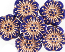 Czech Glass Cobalt w/ Copper Wild Rose Coin 18mm