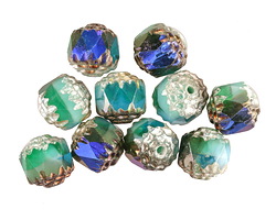 Czech Glass Aquamarine Waters w/ Antique Silver and Metallic Blue Lantern 8mm