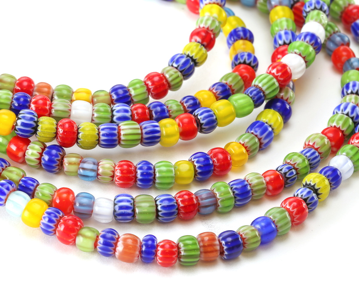 Millefiori Nepali-Style Glass Multi-color Barrel 3.5-4x5-6mm