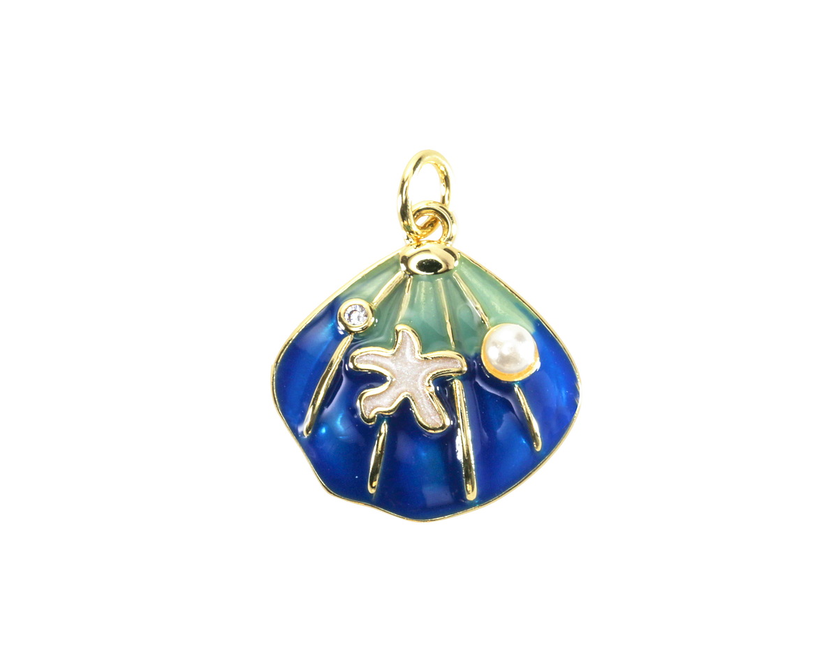 18k Gold (plated) Aqua & Blue Enamel Scallop Shell w/ Sea Treasures Focal 17x17mm