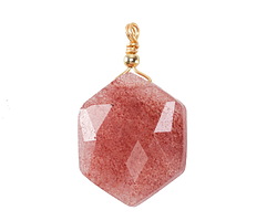 Red Strawberry Quartz w/ Gold Finish Faceted Hexagon Wire Wrapped Pendant 20x25mm