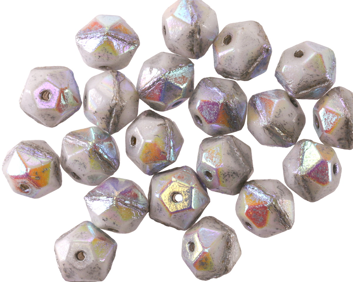 Czech Glass White AB w/ Silver Wash English Cut Bead 8mm