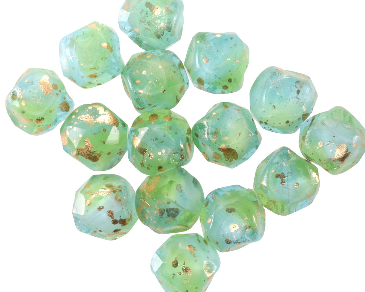 Czech Glass Peruvian Blue Opal w/ Antique Gold Flecks Chandelier Cut 8mm