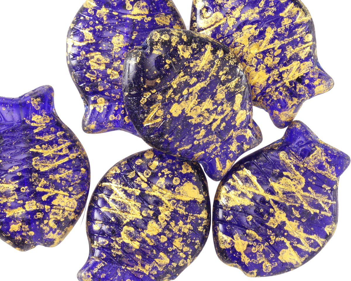 Czech Glass Sapphire w/ Gold Sunfish 24x18mm