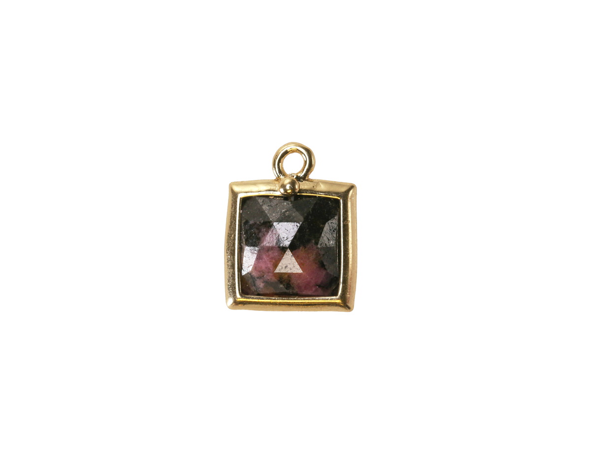 Madagascar Rhodonite w/ Gold Finish Faceted Square Focal 10x13mm