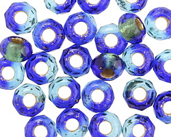 Czech Glass Mykonos Blues Gold Lined Large Hole Fire Polished Rondelle 6x9mm