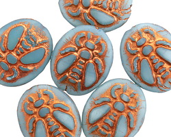 Czech Glass Blue Opal w/ Copper Bee Oval 22x18mm