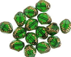 Czech Glass Bronzed Emerald Etched Bicone 10x8mm