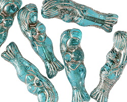 Czech Glass Teal w/ Platinum Mermaid 27x8mm