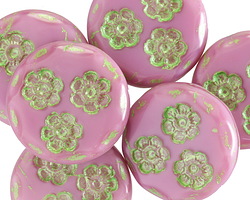 Czech Glass Bubblegum w/ Green Flower Trio Coin Bead 21mm