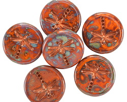 Czech Glass Hyacinth Picasso w/ Bronze Dragonfly Coin 17mm