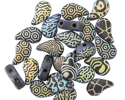 Czech Glass Laser Etched Mixed Designs on Matte Jet AB 2-Hole Paisley Duo 8x5mm