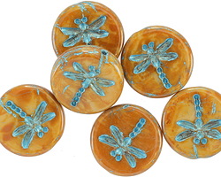 Czech Glass Bisque Picasso w/ Metallic Turquoise Dragonfly Coin 17mm