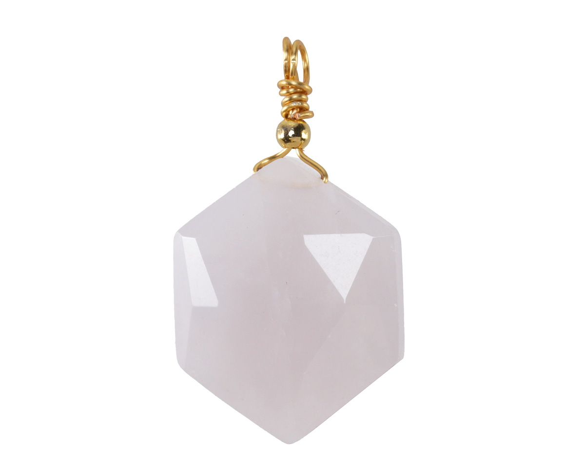 Blue Rose Quartz w/ Gold Finish Faceted Hexagon Wire Wrapped Pendant 20x25mm