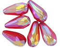 Czech Glass Matte Ruby Red AB w/ Copper Faceted Melon Teardrop 23x11mm