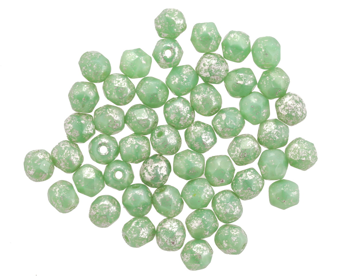 Czech Fire Polished Glass Sweet Mint w/ Etched Silver Finish Round 4mm