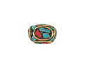 Nepalese Brass Ovals w/ Turquoise & Coral Mosaic Barrel Bead 14x10-11mm