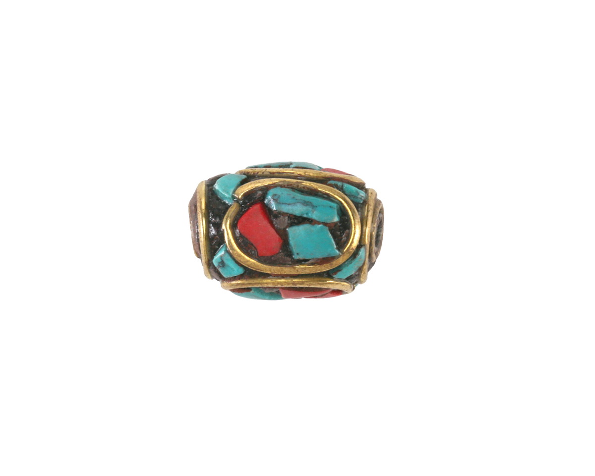 Nepalese Brass Ovals w/ Turquoise & Coral Mosaic Barrel Bead 14x10-11mm