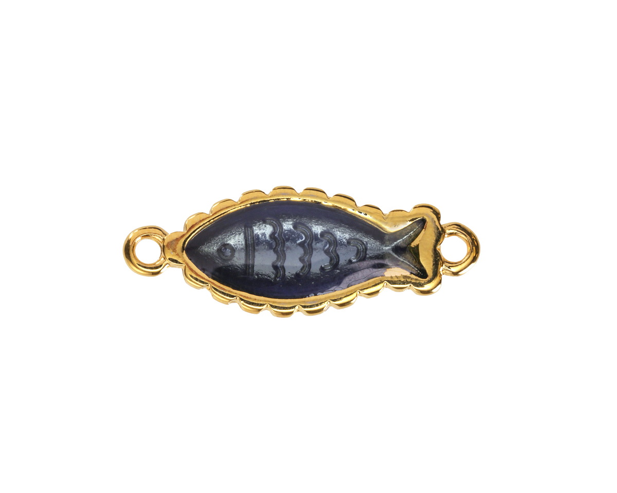 24K Gold (plated) Transparent Navy Blue Enamel Fish Focal Link 27x10mm