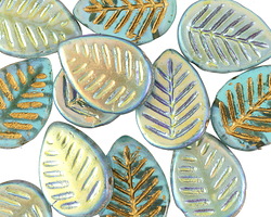 Czech Glass Matte Island Blue AB w/ Gold Carved Leaf Drop 12x17mm
