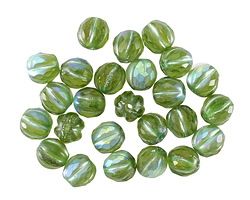 Czech Glass Matte Peridot AB w/ Metallic Green Faceted Melon Round 6mm