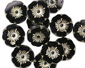 Czech Glass Jet w/ Platinum Hibiscus Coin 12mm