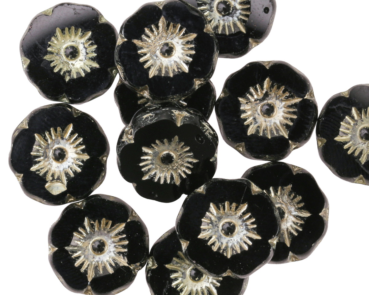 Czech Glass Jet w/ Platinum Hibiscus Coin 12mm