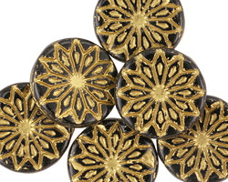 Czech Glass Jet w/ Gold Origami Flower Coin 18mm