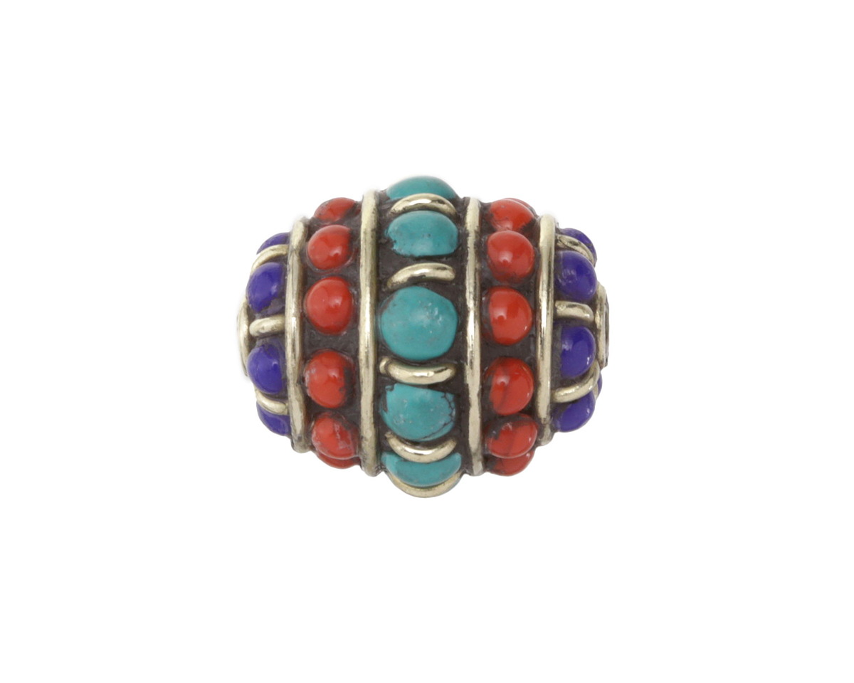 Nepalese Brass Barrel Bead w/ Lapis, Turquoise & Coral 19x17mm