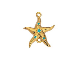 24K Gold (plated) Starfish w/ Turquoise Enamel Shapes Focal Link 19x21mm