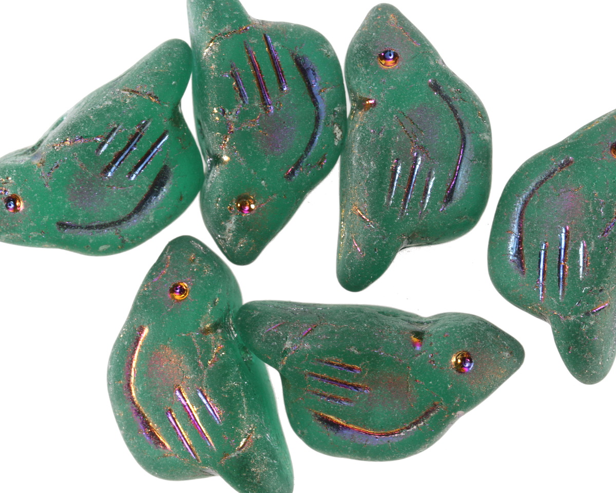Czech Glass Matte Emerald w/ Metallic Rainbow Bird 11x22mm