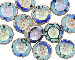 Czech Glass Sapphire AB w/ Antique Silver Hibiscus Coin 12mm