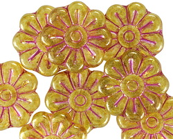 Czech Glass Crystal w/ Gold Luster & Metallic Pink Daisy Flower Bead 18mm