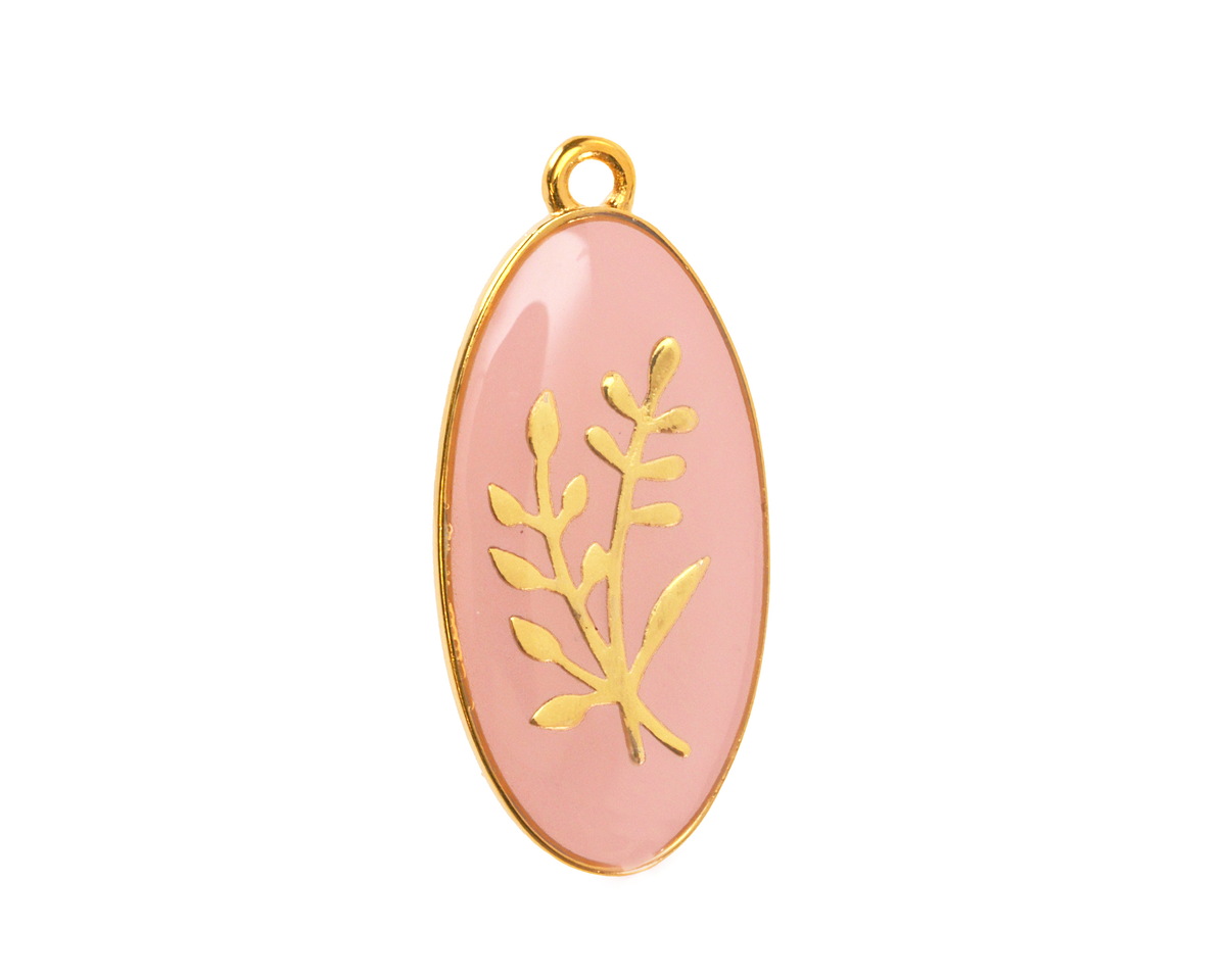 24K Gold (Plated) Blossom Pink w/ Gold Floral Design Focal 13x27mm