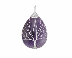 Amethyst Silver Finish Wire-Wrapped Tree of Life Teardrop Pendant 30x50mm