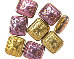 Czech Glass Metallic Pink & Gold Ornamental Rectangle 11x12mm
