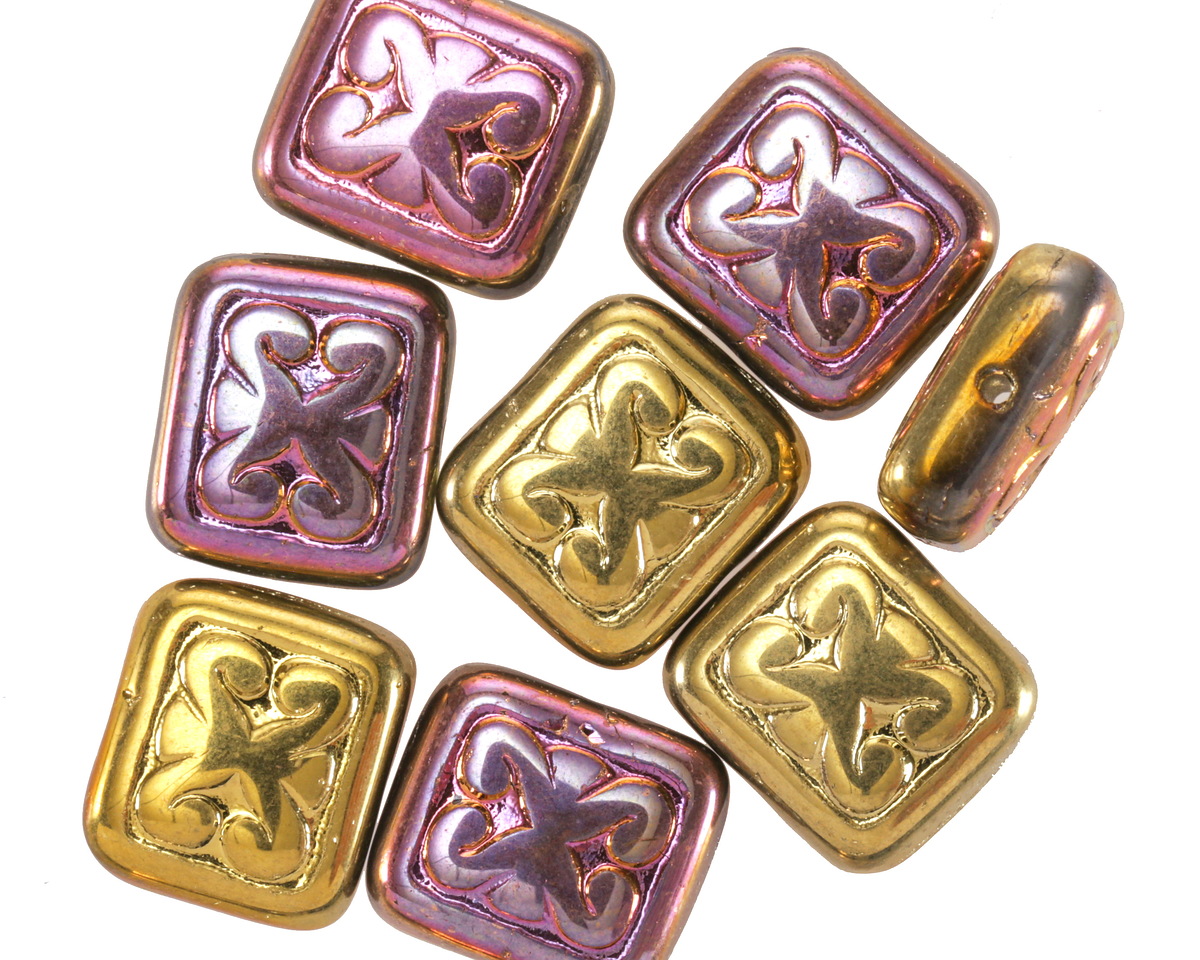 Czech Glass Metallic Pink & Gold Ornamental Rectangle 11x12mm