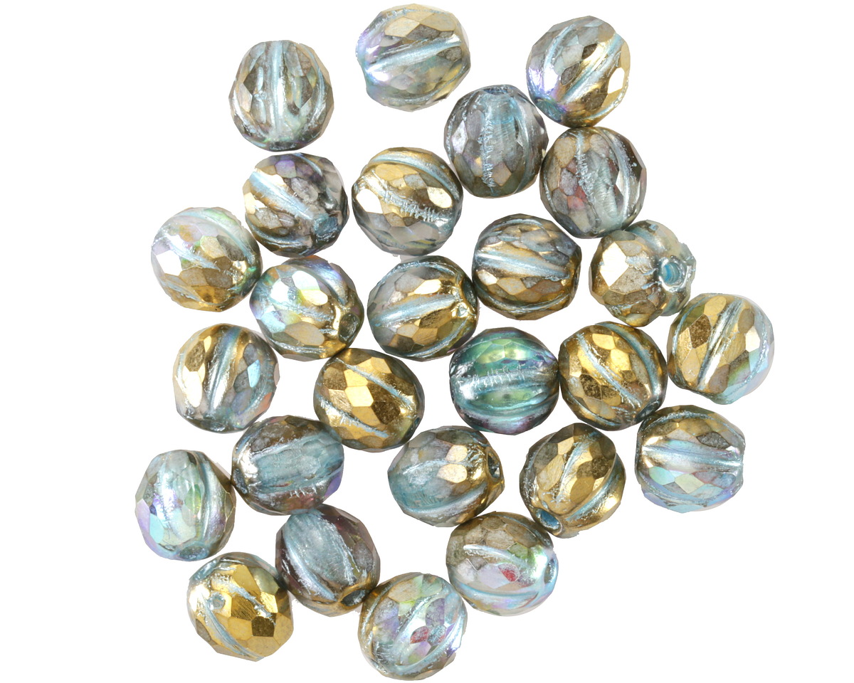 Czech Glass Crystal AB w/ Gold & Metallic Turquoise Faceted Melon Round 6mm