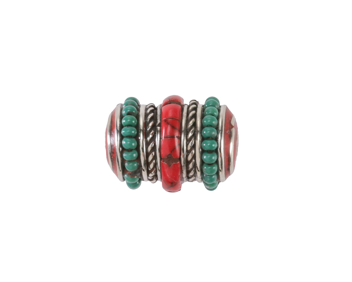 Nepalese White Brass Ropes w/ Coral & Turquoise Bands Barrel 17x13mm