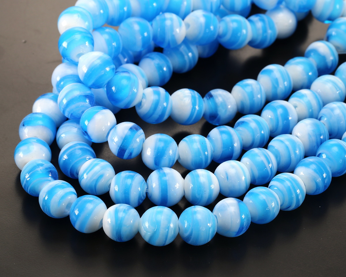 Aqua & White Swirl Lampwork Glass Round 10mm