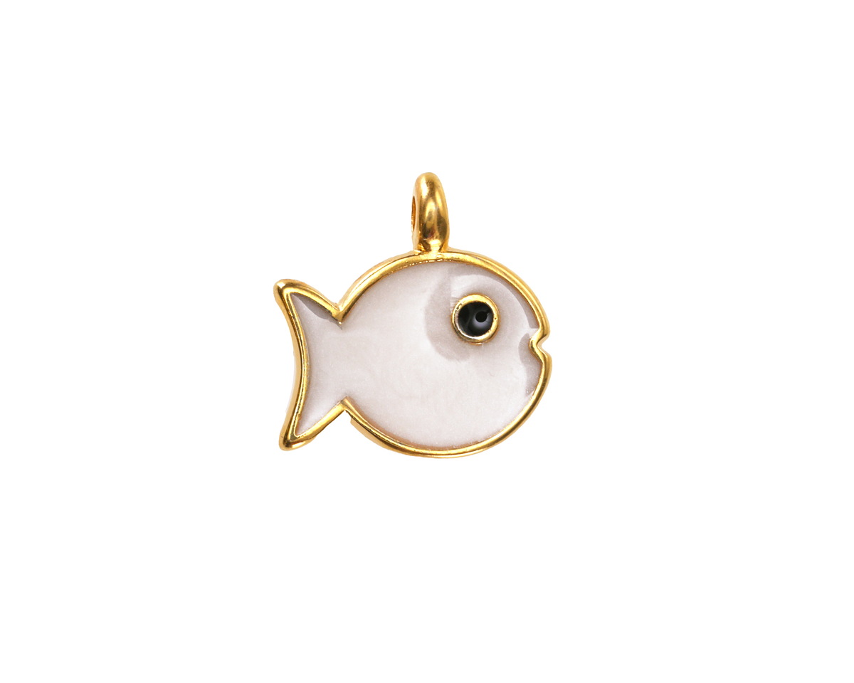 24K Gold (plated) White Pearl Enamel Fish Pendant 15mm