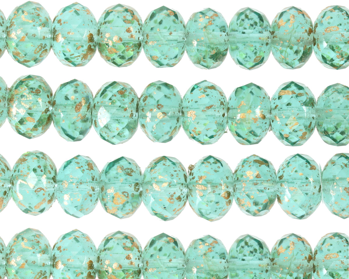 Czech Glass Island Blue w/ Gold Fire Polished Rondelle 6x9mm