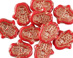 Czech Glass Ruby Red w/ Copper Wash Hamsa Hand 15x14mm