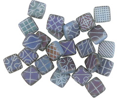 Czech Glass Laser Etched Tapestry on Matte Blue Opal w/ Rainbow Finish 2-Hole Tile 6mm